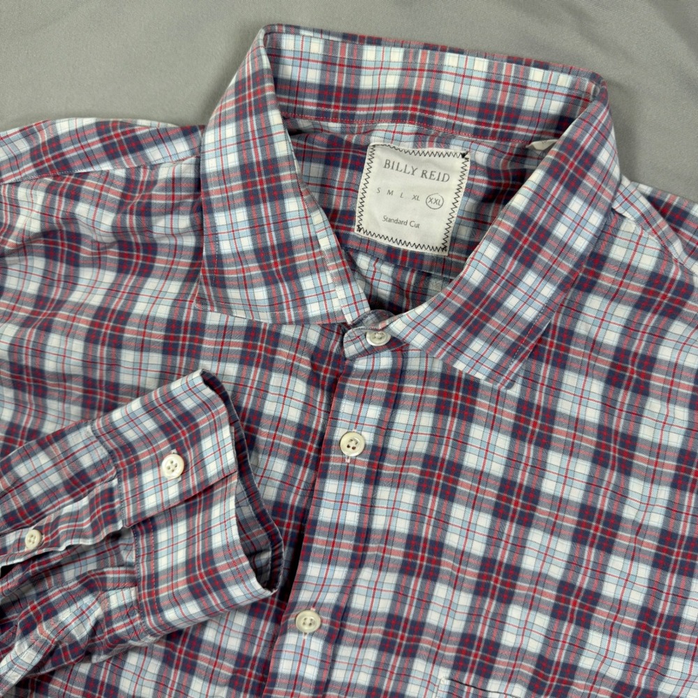 Billy Reid Standard Cut Plaid Long Sleeve Button Down Shirt Men's XXL Red Blue